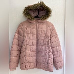Girls Pink Star-Patterned Puffer Jacket with Faux Fur Size L 10/12
